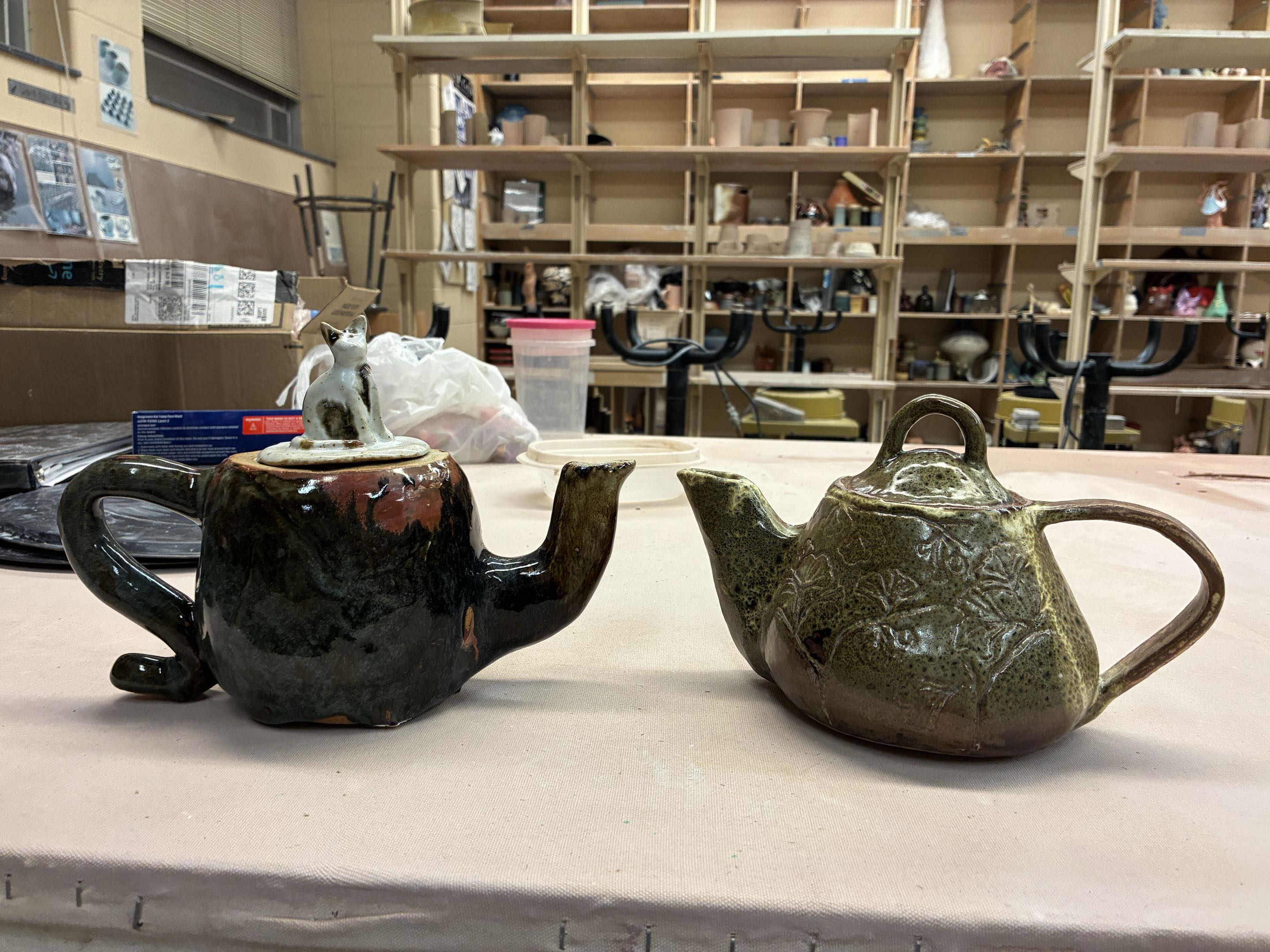 cat teapot and gingko teapot